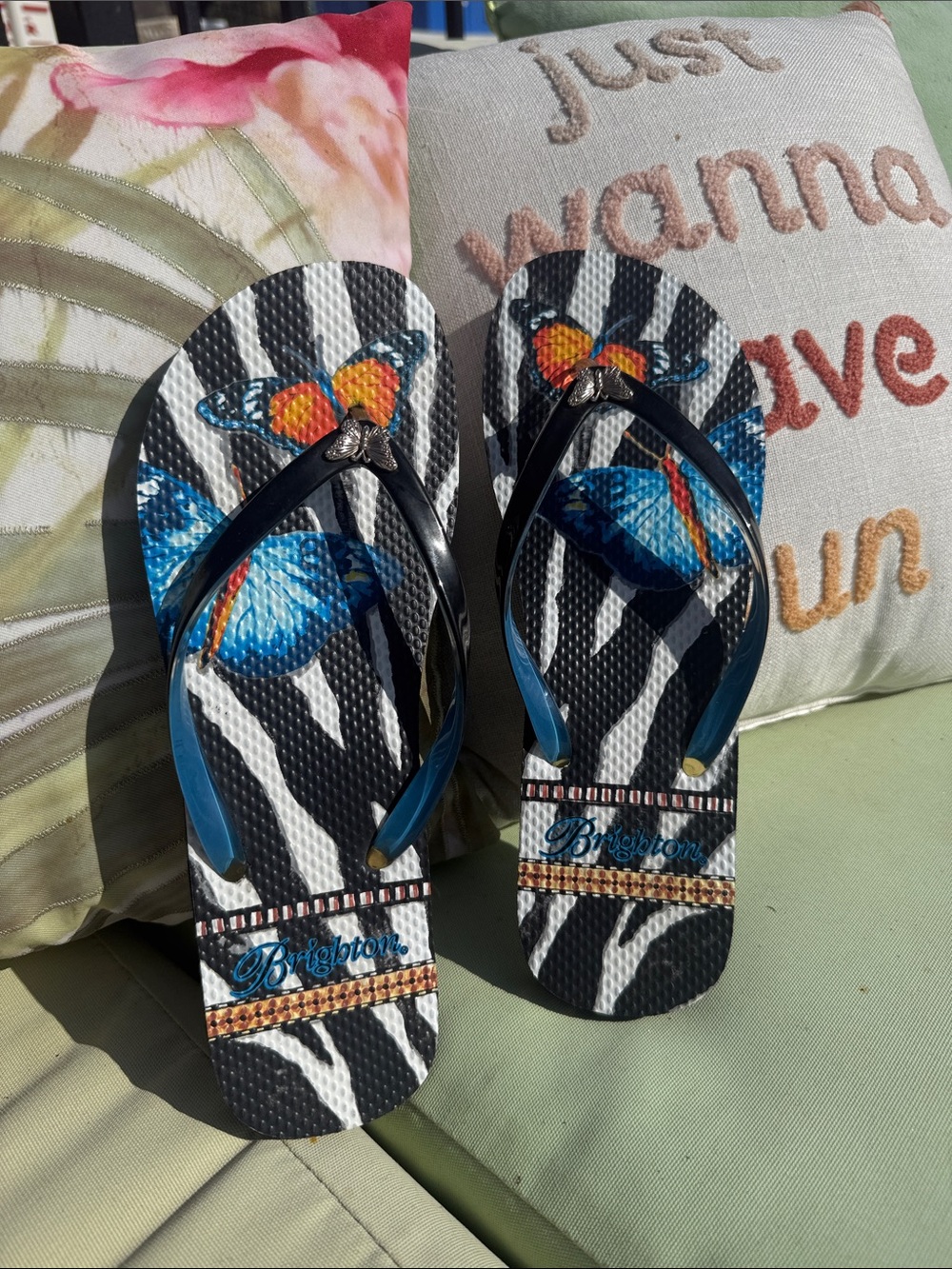 New Brighton Butterfly 🦋 Zebra Print Flip Flops with Blue & Orange Butterfly's 8